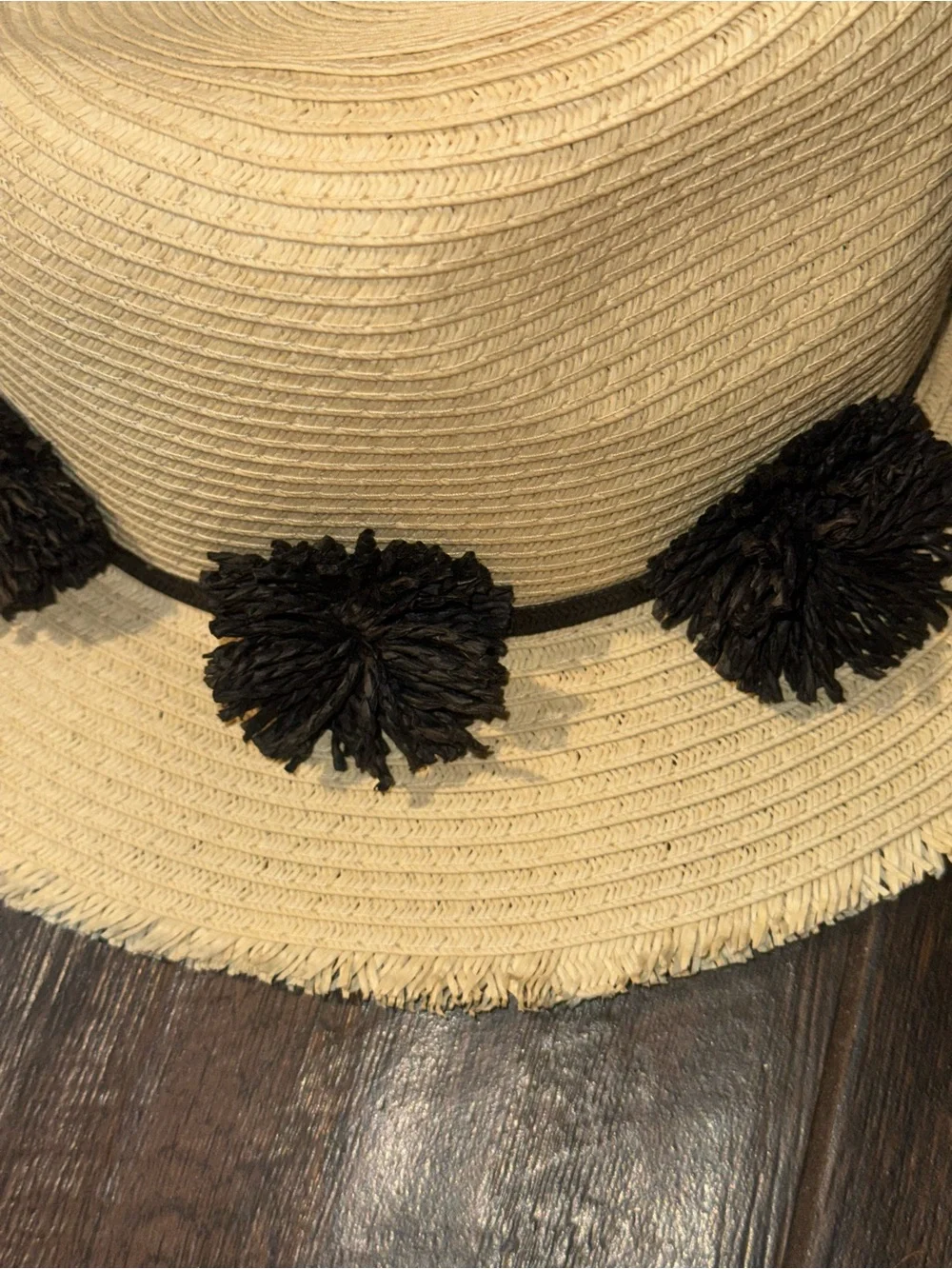 Ava & Aiden Tan Straw Fedora Hat Black Pom Pom Trim Fringe Brim OSFM adjustable
